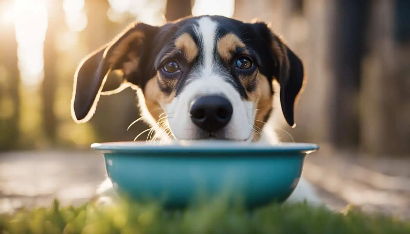 A dog happily eating from a bowl, showcasing the joy of mealtime with quality dry dog food brands in Singapore.
