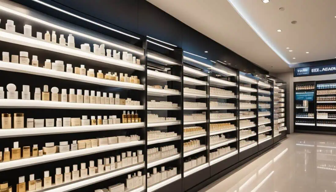 A store interior showcasing shelves stocked with various cosmetics and skincare products, ideal for eye cream shopping in Singapore.