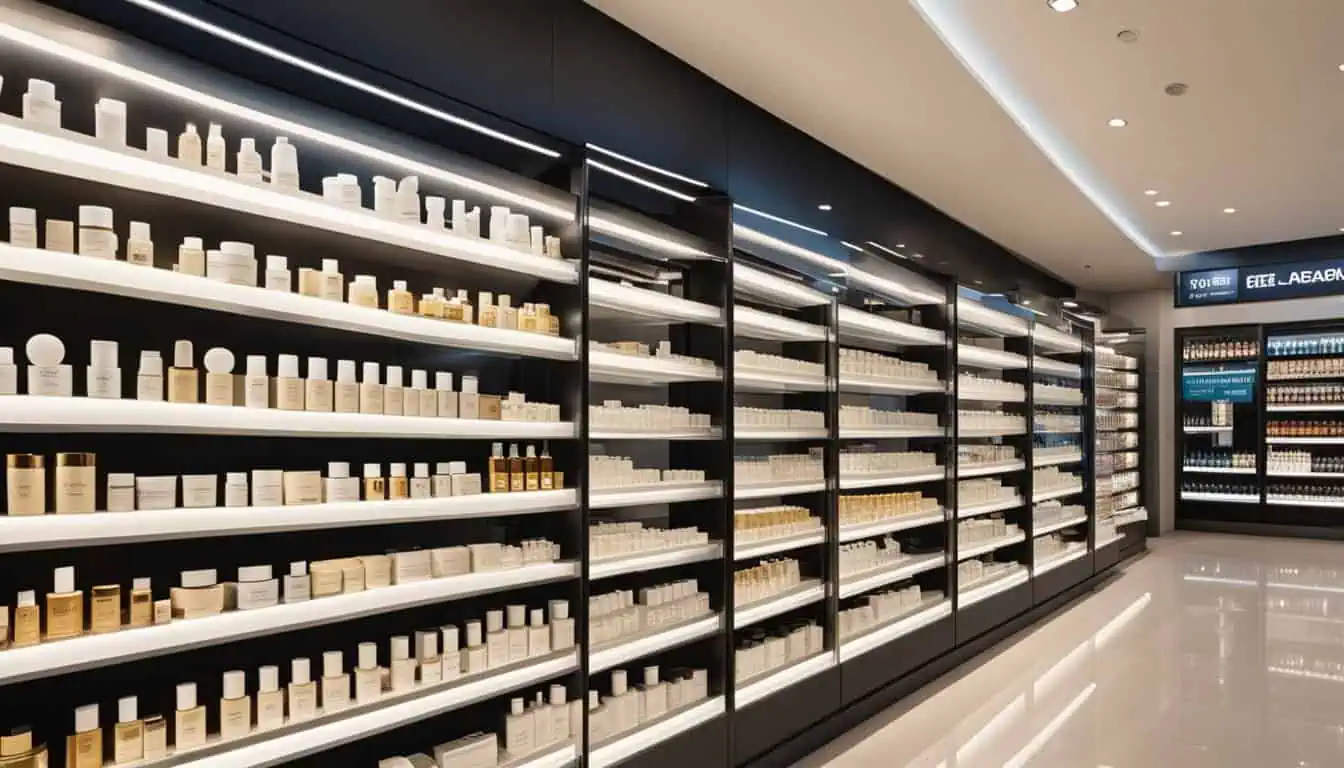 A store interior showcasing shelves stocked with various cosmetics and skincare products, ideal for eye cream shopping in Singapore.