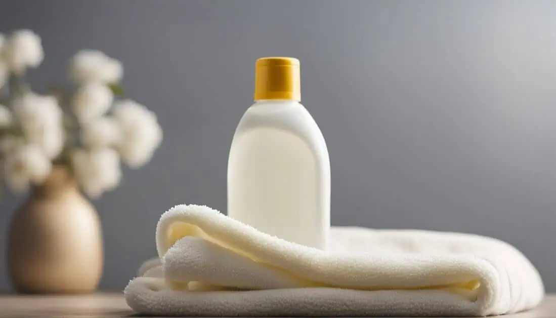 A bottle of Fabric Softener beside a neatly folded towel on a table, showcasing a clean and organized space.