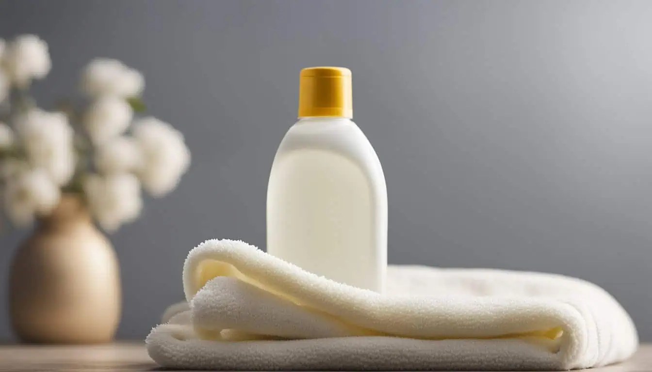 A bottle of Fabric Softener beside a neatly folded towel on a table, showcasing a clean and organized space.
