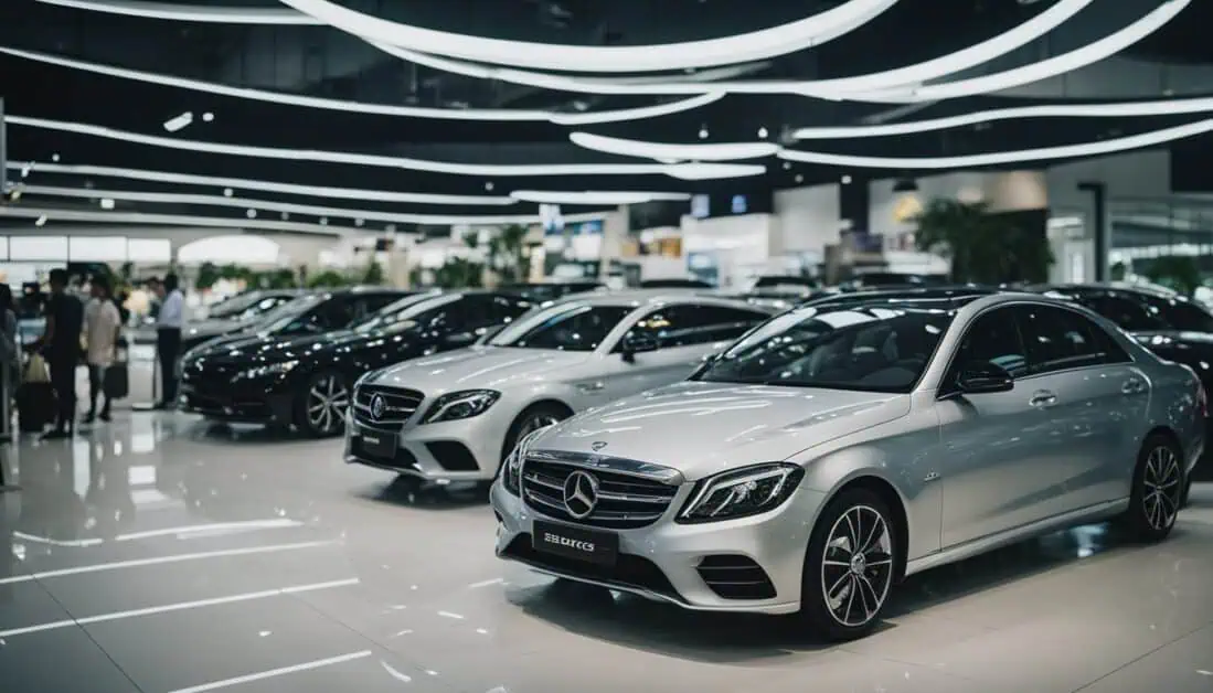 Display of Mercedes-Benz vehicles in a showroom, featuring premier family car choices in Singapore.