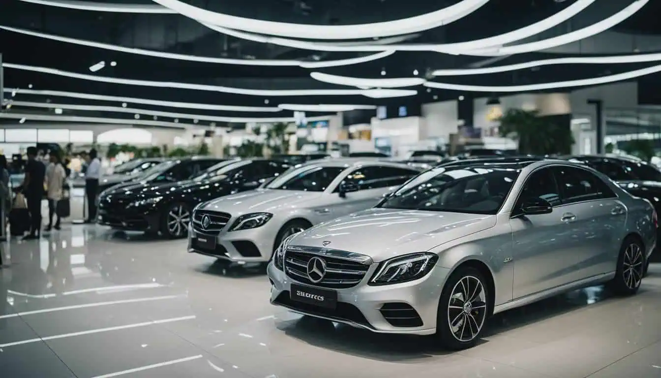 Display of Mercedes-Benz vehicles in a showroom, featuring premier family car choices in Singapore.