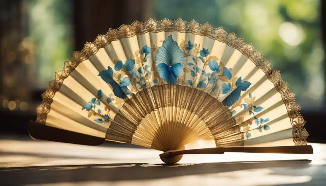 An elegant fan adorned with blue and gold patterns, ideal for enhancing decor and providing a refreshing breeze.