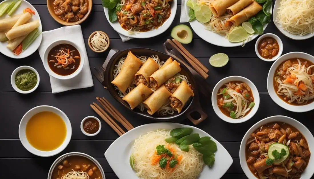 A table adorned with an array of Asian dishes, showcasing the vibrant flavors of Filipino cuisine in Singapore.