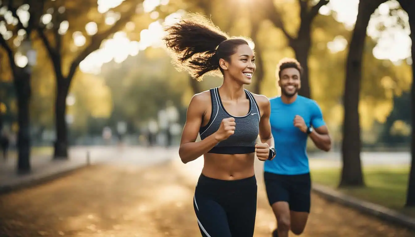 A couple jogging in a park, representing fitness and health, ideal for those seeking fitness trackers in Singapore.