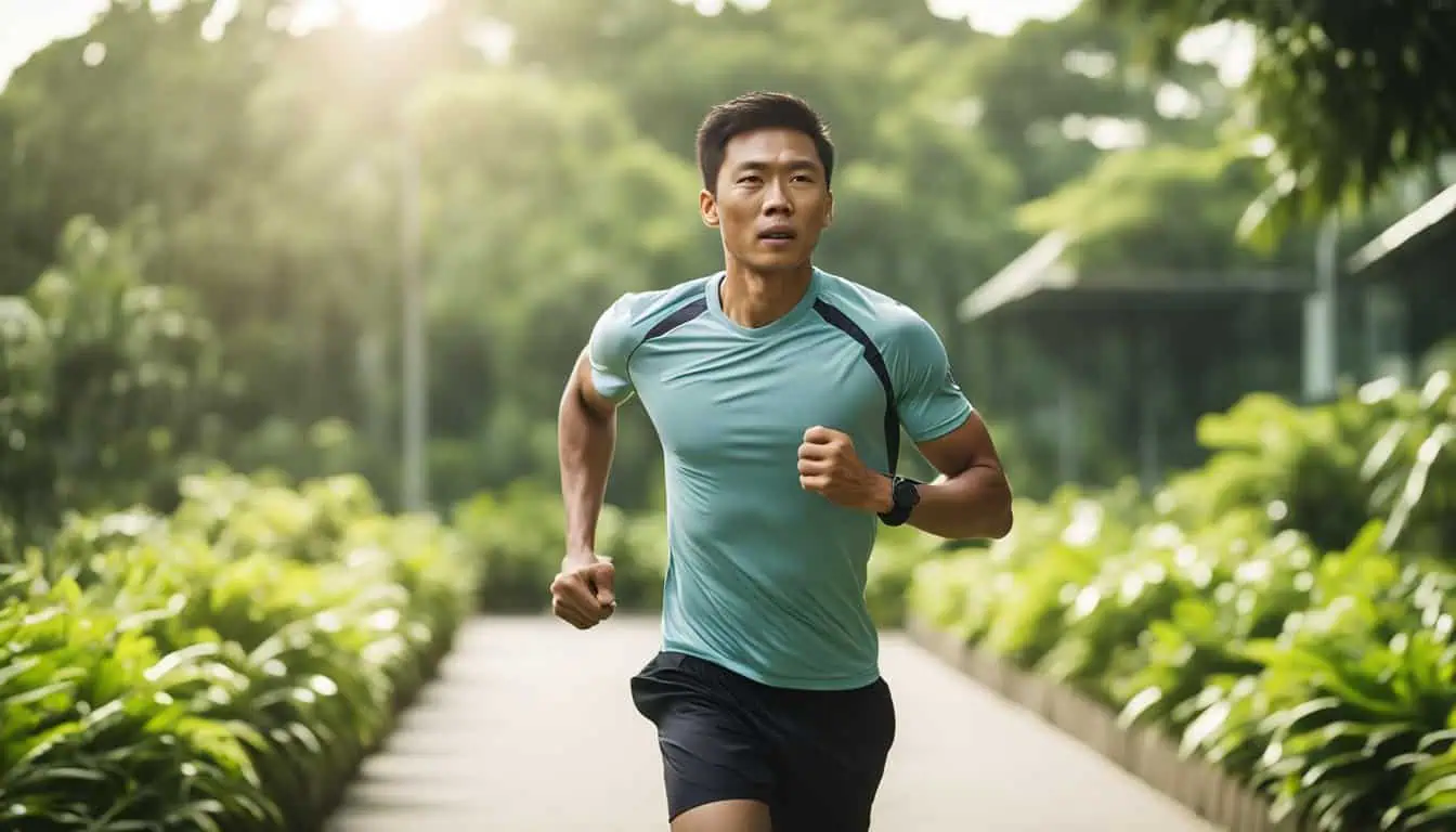 Singaporean man jogging in a park, wearing a fitness watch, showcasing an active lifestyle and dedication to health.