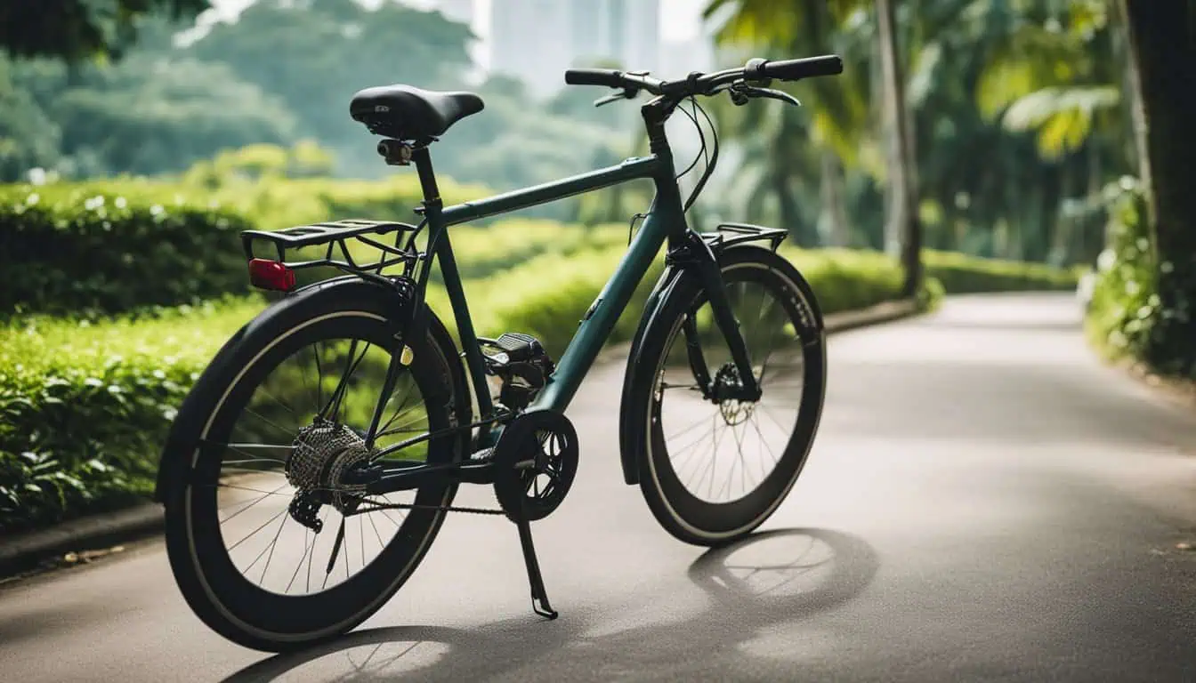 A foldable bicycle parked on a park path, showcasing a serene outdoor setting ideal for cycling enthusiasts in Singapore.