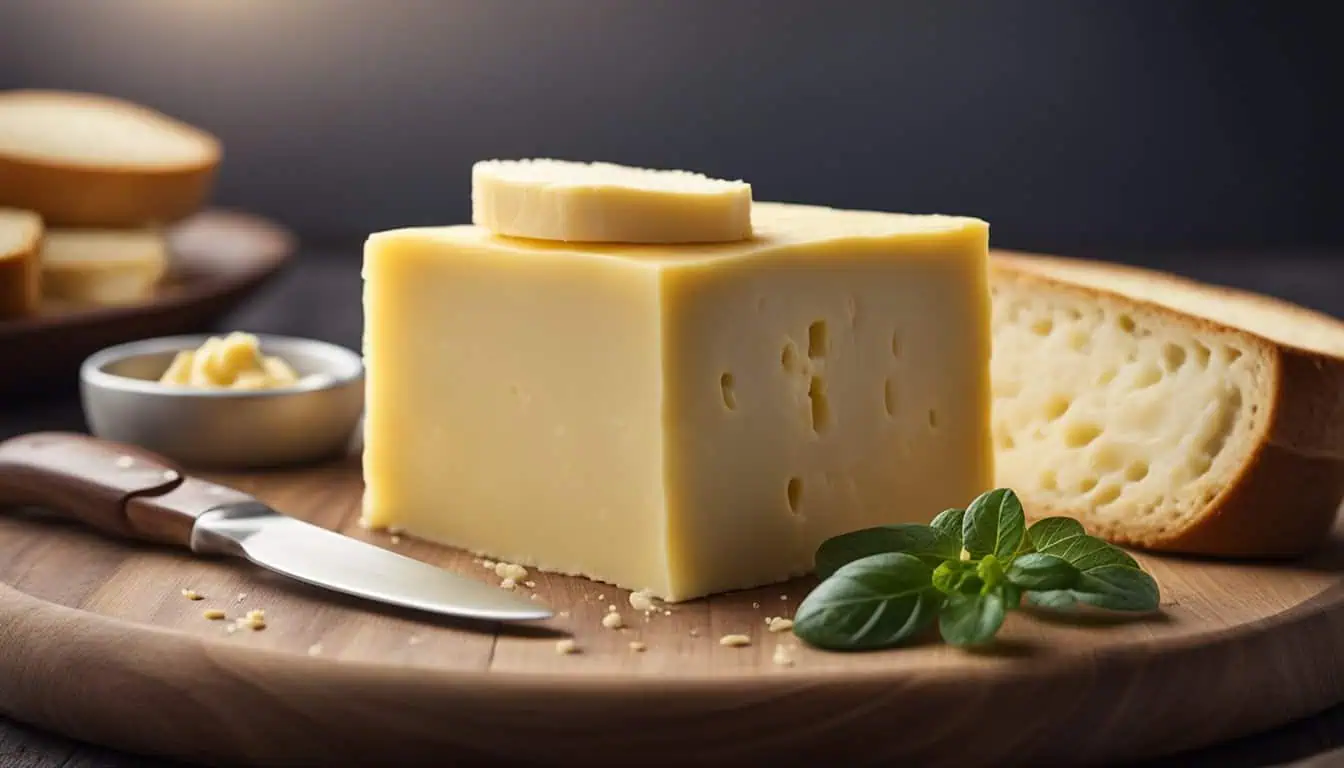An arrangement of cheese, bread, and a knife on a wooden board, showcasing culinary delights including French butter in Singapore.
