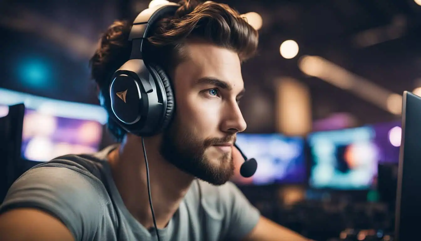 A man wearing headphones sits in front of a computer, exploring the best gaming headsets available in Singapore.