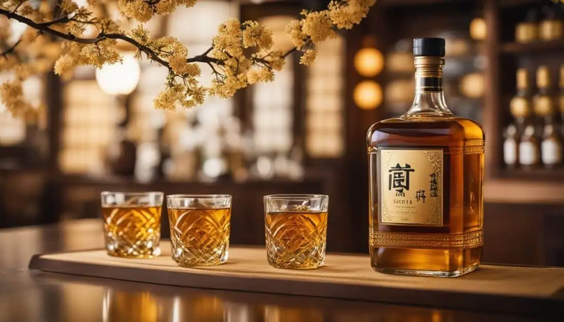 A bottle of whisky accompanied by three glasses elegantly arranged on a table, highlighting Japanese whiskey options in Singapore.