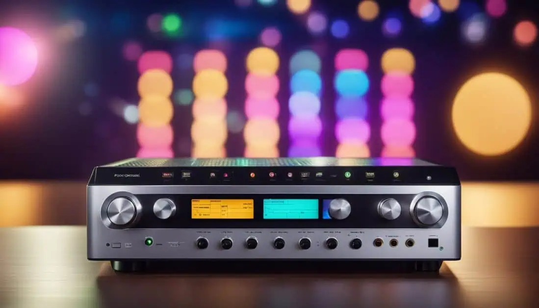 A stereo receiver displayed against a vibrant background, highlighting its features and design for karaoke enthusiasts in Singapore.