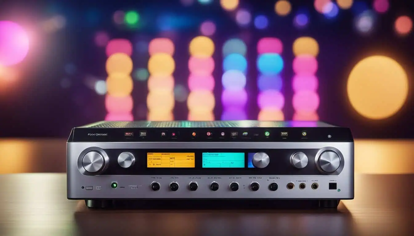 A stereo receiver displayed against a vibrant background, highlighting its features and design for karaoke enthusiasts in Singapore.