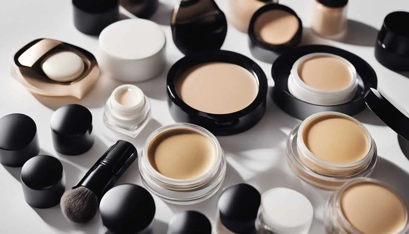 A collection of various makeup products displayed on a white surface, highlighting Korean cosmetics available in Singapore.