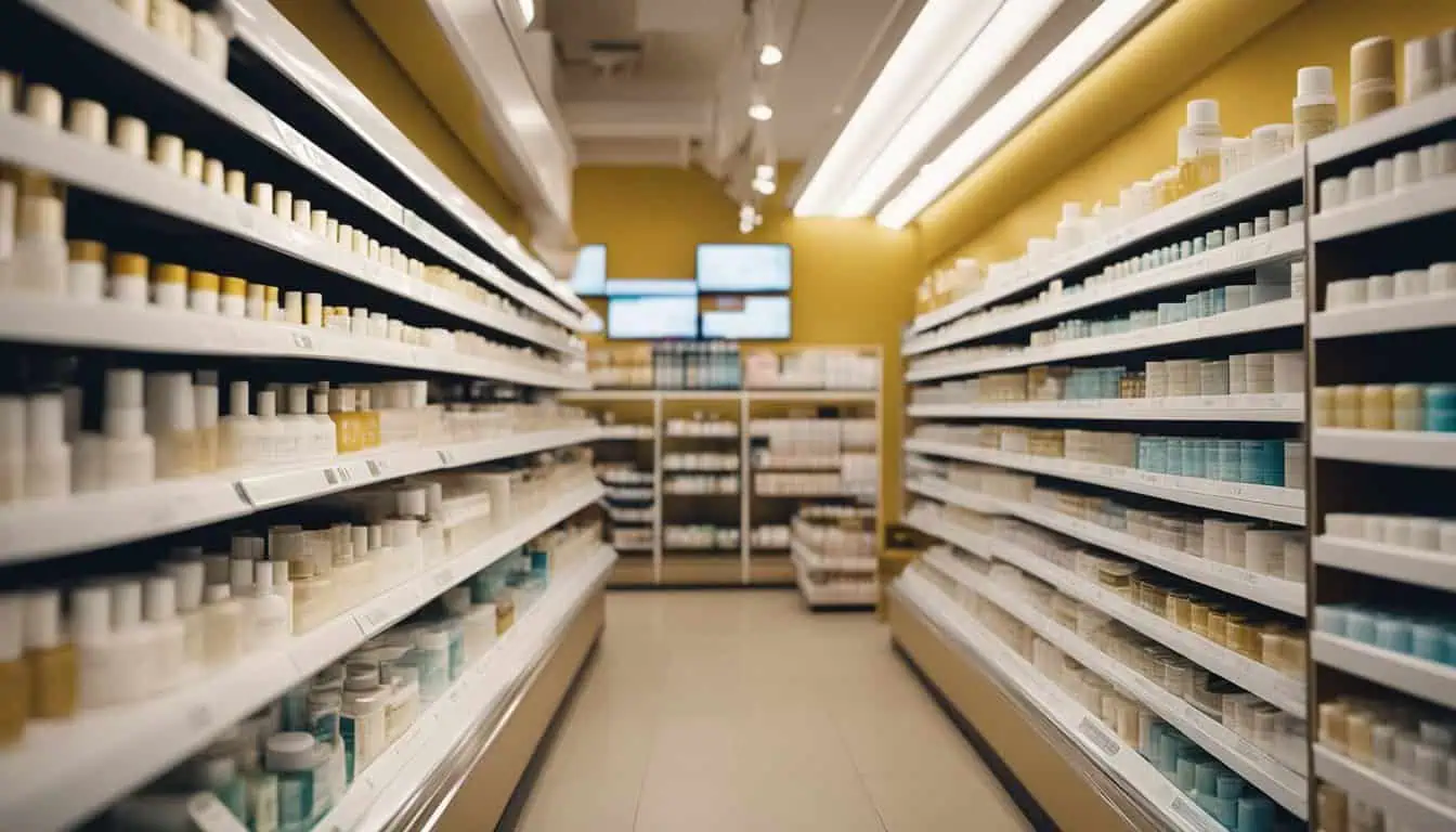 A long aisle in a pharmacy store, showcasing shelves stocked with various products, ideal for skincare shopping in Singapore.