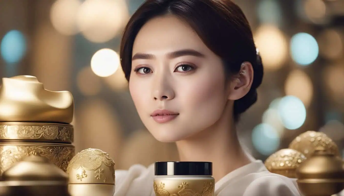 A woman presents a jar of gold cosmetics, emphasizing the premium quality of Korean skincare available in Singapore.