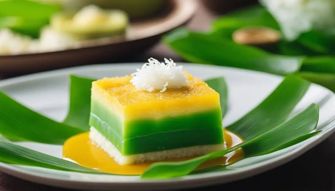 A vibrant green and yellow Kueh Salat dessert elegantly presented on a plate, showcasing its delightful layers.