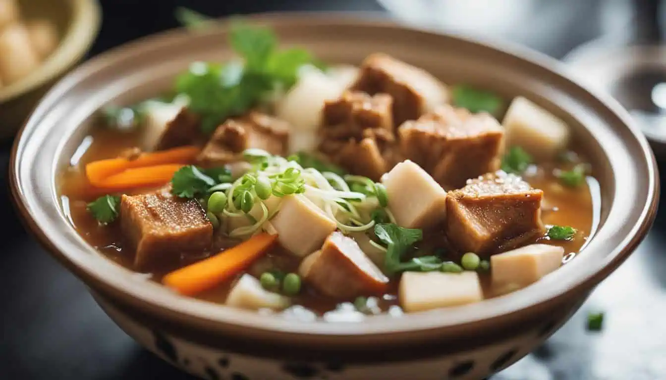 A bowl of kway chap featuring tender meat, fresh vegetables, and noodles, showcasing a popular dish in Singapore.