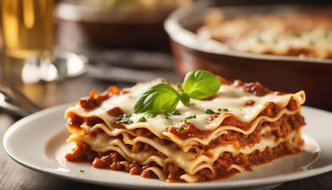 A delicious serving of meat and cheese lasagna on a white plate, showcasing a popular dish in Singapore's culinary scene.
