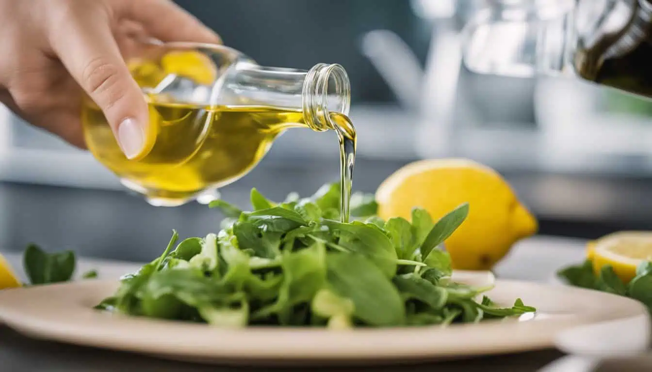A person drizzling lemon oil over a fresh salad, enhancing its flavor and presentation.