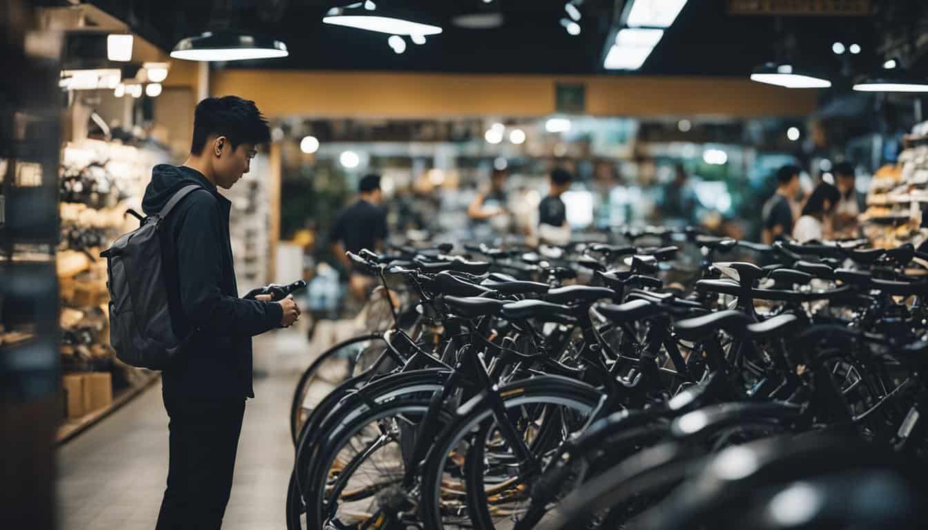 A man stands in a store surrounded by various lightweight folding bikes available for purchase in Singapore.
