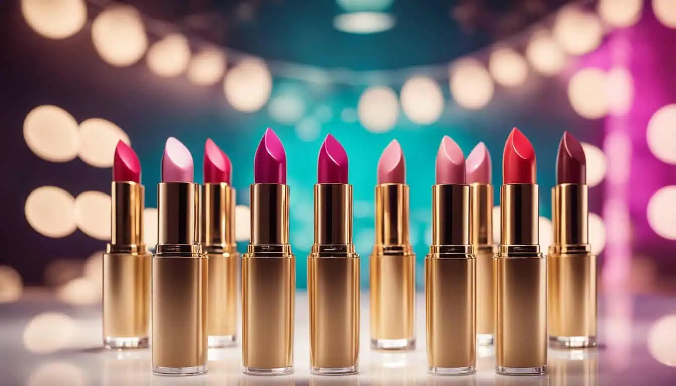 Various lipsticks arranged on a table, with a warm glow from lights in the background, highlighting top beauty choices in Singapore.