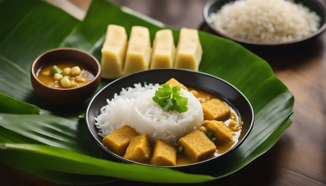 A vibrant Thai curry with tofu served on a banana leaf alongside a portion of rice, showcasing a colorful culinary presentation.