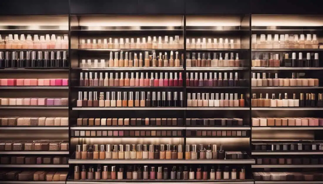 A vibrant display of cosmetics showcasing various makeup products in a Singapore store, ideal for beauty enthusiasts.