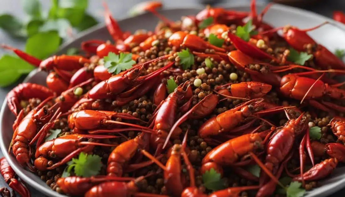 A plate of vibrant red crayfish garnished with fresh herbs and spices, showcasing a delicious seafood dish.
