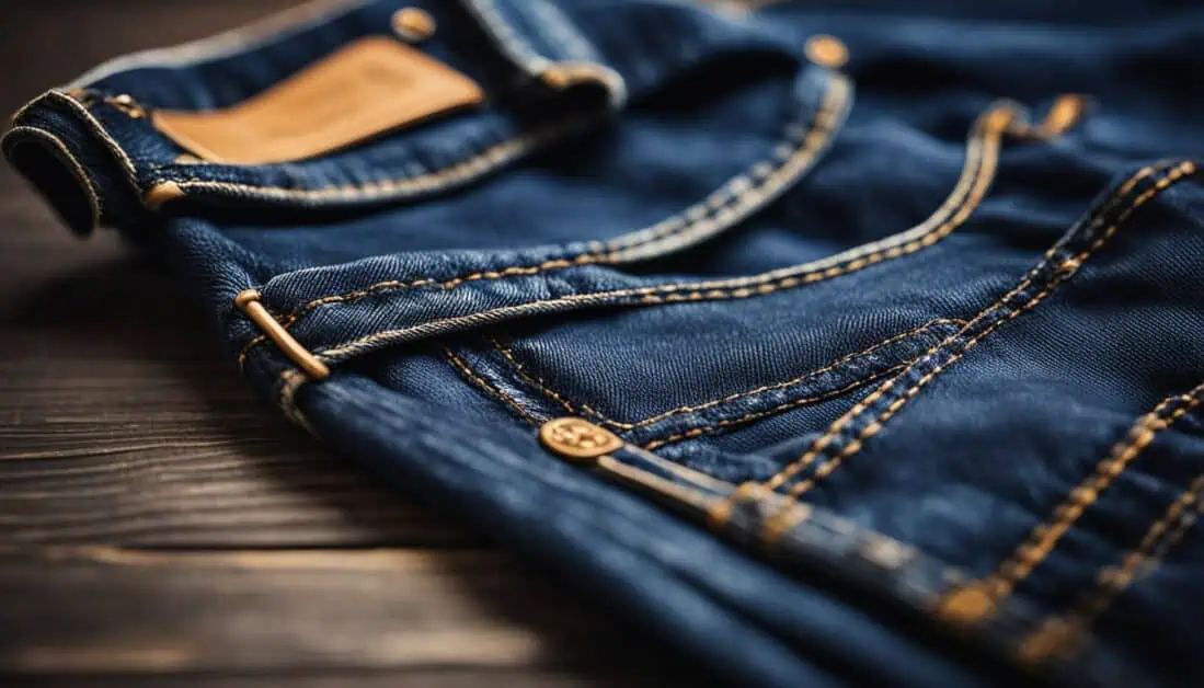 A stylish pair of jeans displayed on a wooden table, representing top choices for male jeans in Singapore.