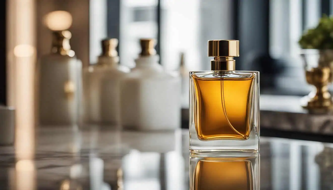A stylish bottle of male perfume displayed on a table, highlighting its allure and sophistication for fragrance enthusiasts in Singapore.