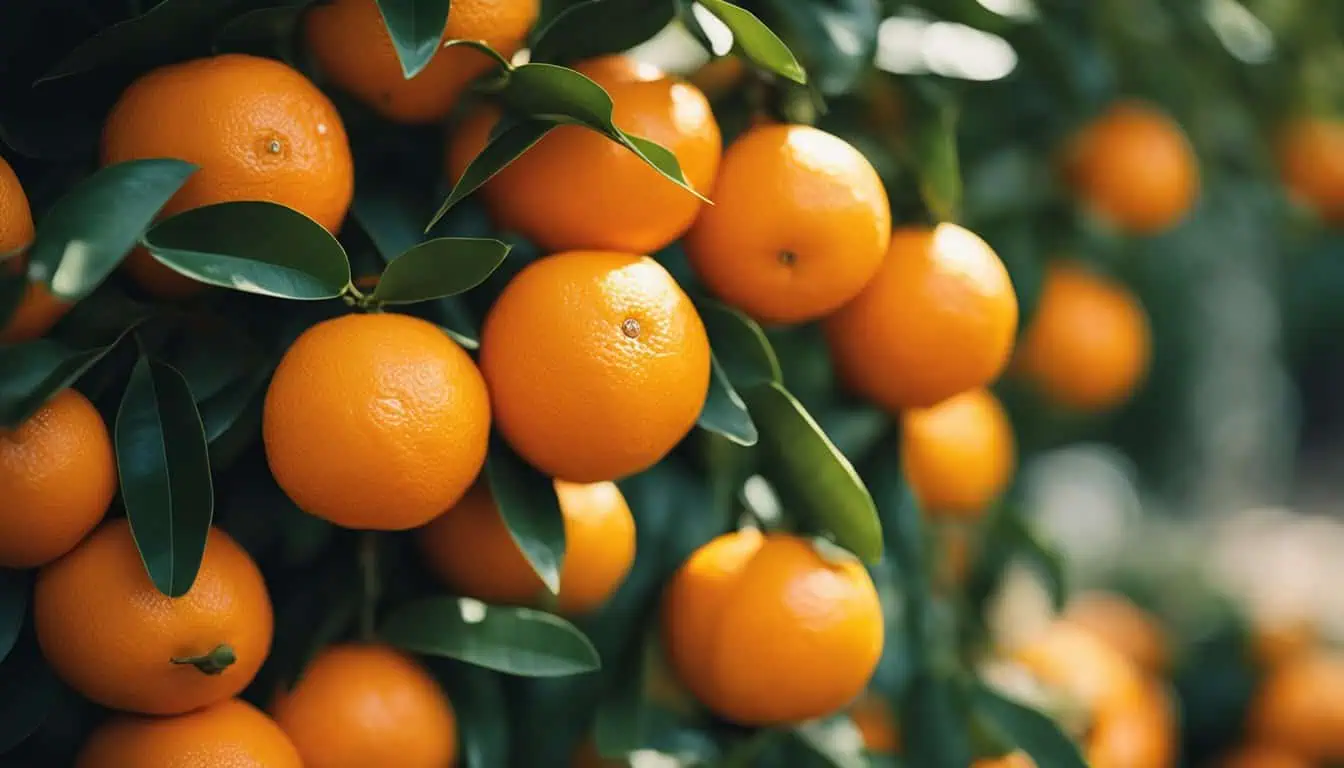 A flourishing orange tree filled with ripe oranges, representing the bounty of mandarin oranges available in Singapore.