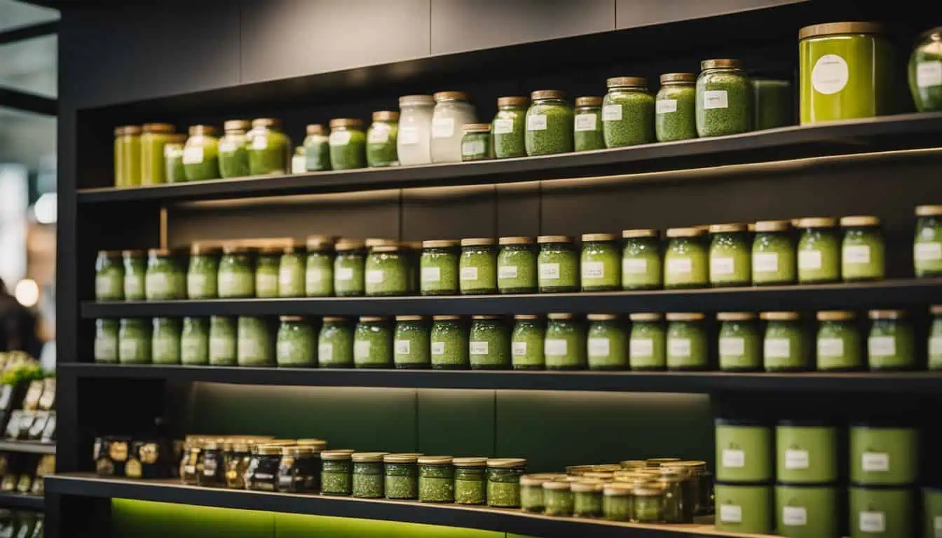 A shelf displaying various jars of matcha tea powder.