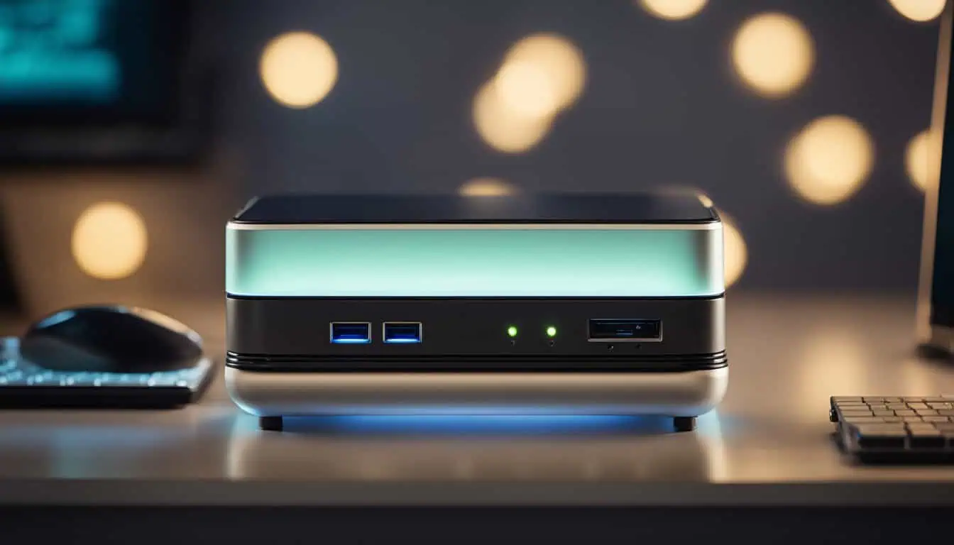 A compact mini PC with a glowing light, showcasing modern technology for efficient computing in Singapore