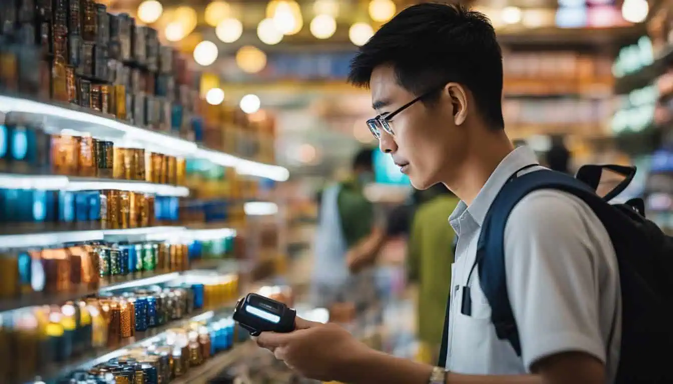 A man examines exploring options for mini torch lights in Singapore.