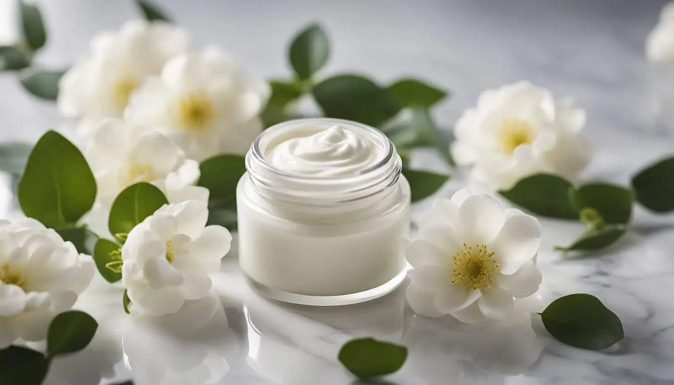 A beautifully arranged jar of cream with white flowers on marble, showcasing top moisturizer selections in Singapore.