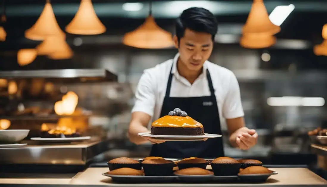 A man wearing an apron presents a delectable molten lava cake, highlighting top places to buy this treat in Singapore.