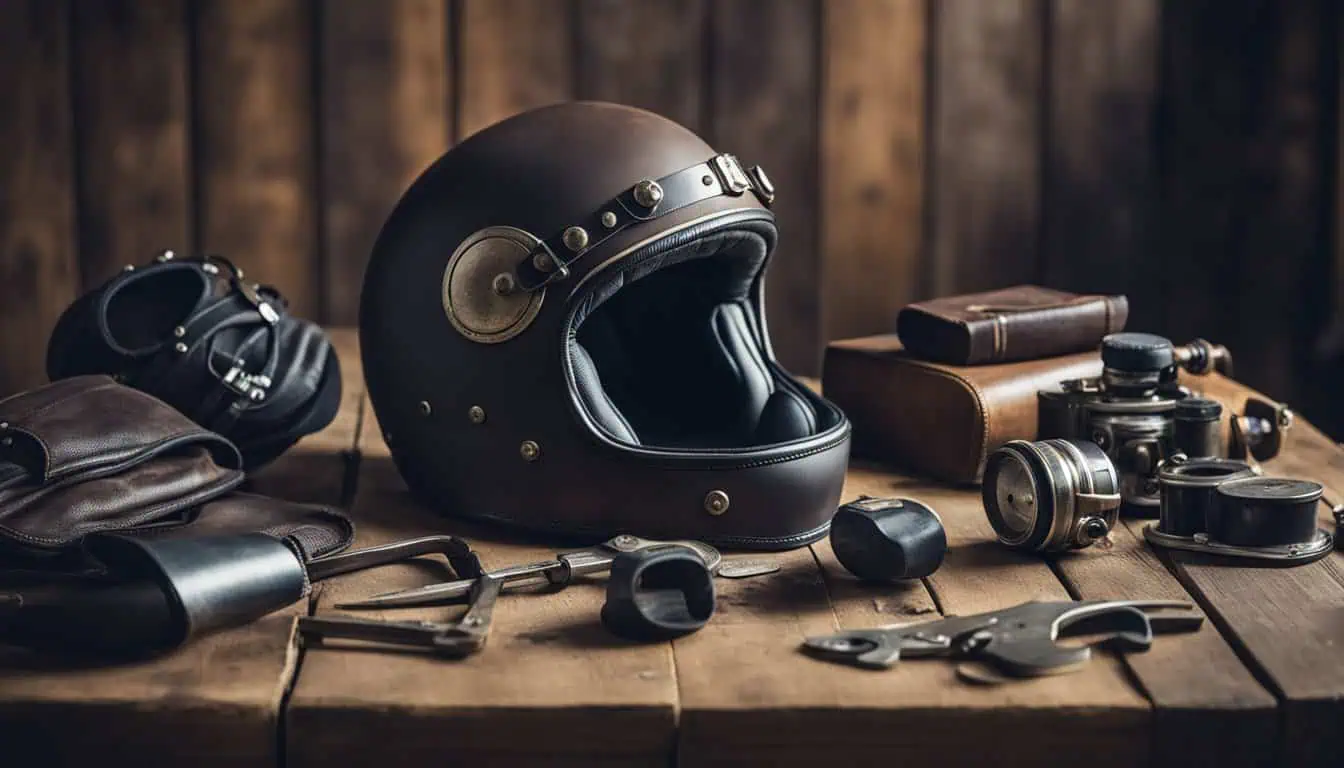 A motorcycle helmet and leather gloves displayed on a wooden table, highlighting essential riding gear for safety.