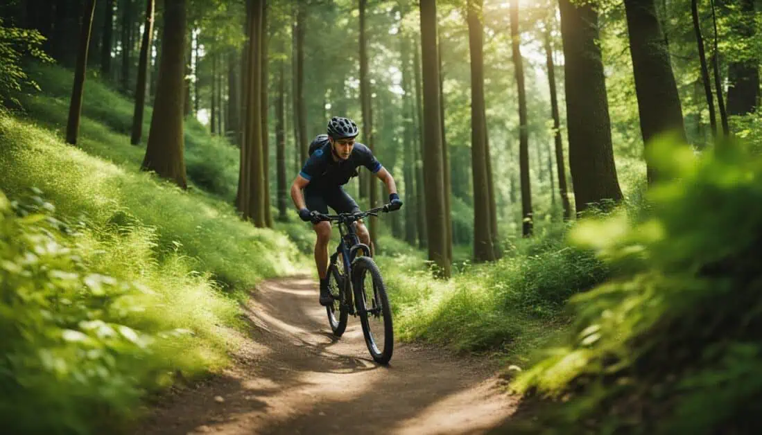 A man expertly rides a mountain bike along a forest trail, emphasizing the excitement of mountain biking in Singapore's outdoors.