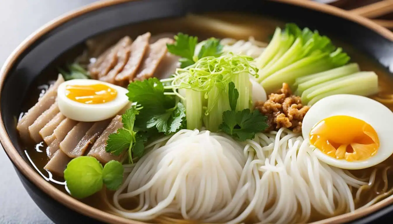 A bowl of naengmyeon featuring noodles, meat, eggs, and fresh vegetables, highlighting a popular dish in Singapore.