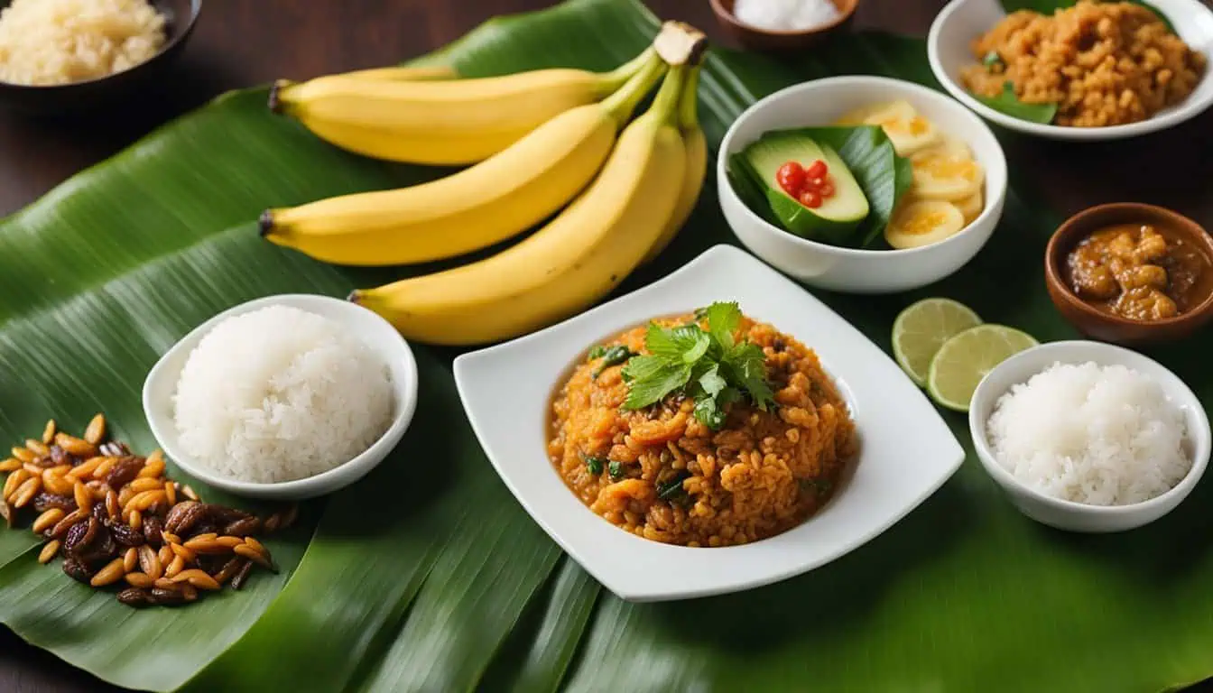 A vibrant banana leaf filled with rice, accompanied by a banana and additional banana leaves, showcasing Nasi Padang in Singapore.