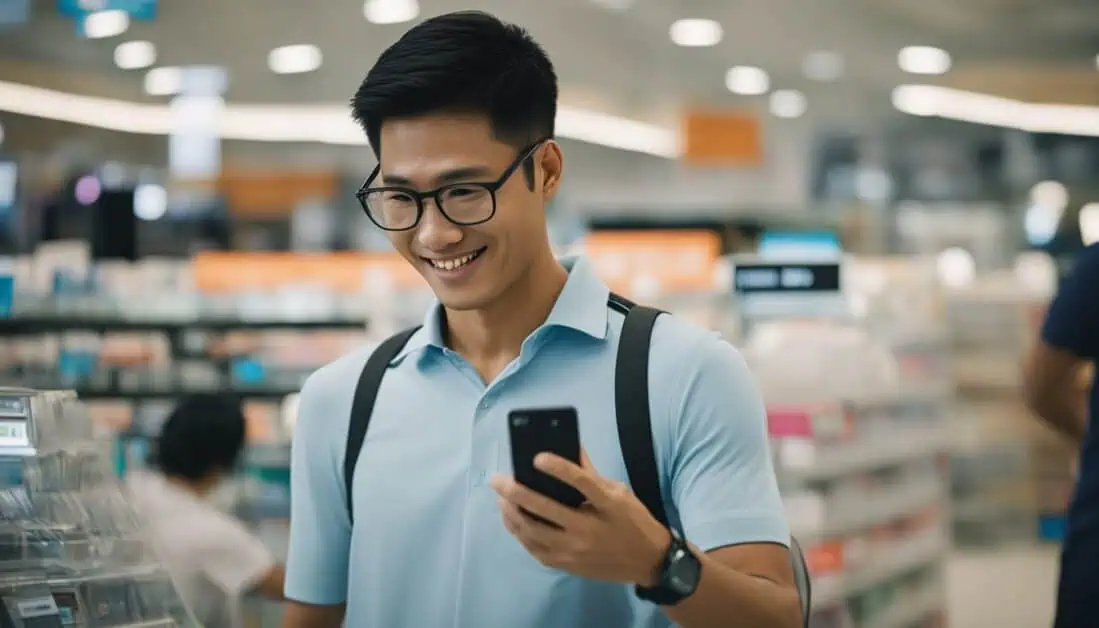 A man wearing glasses buying a non-camera phone in Singapore.