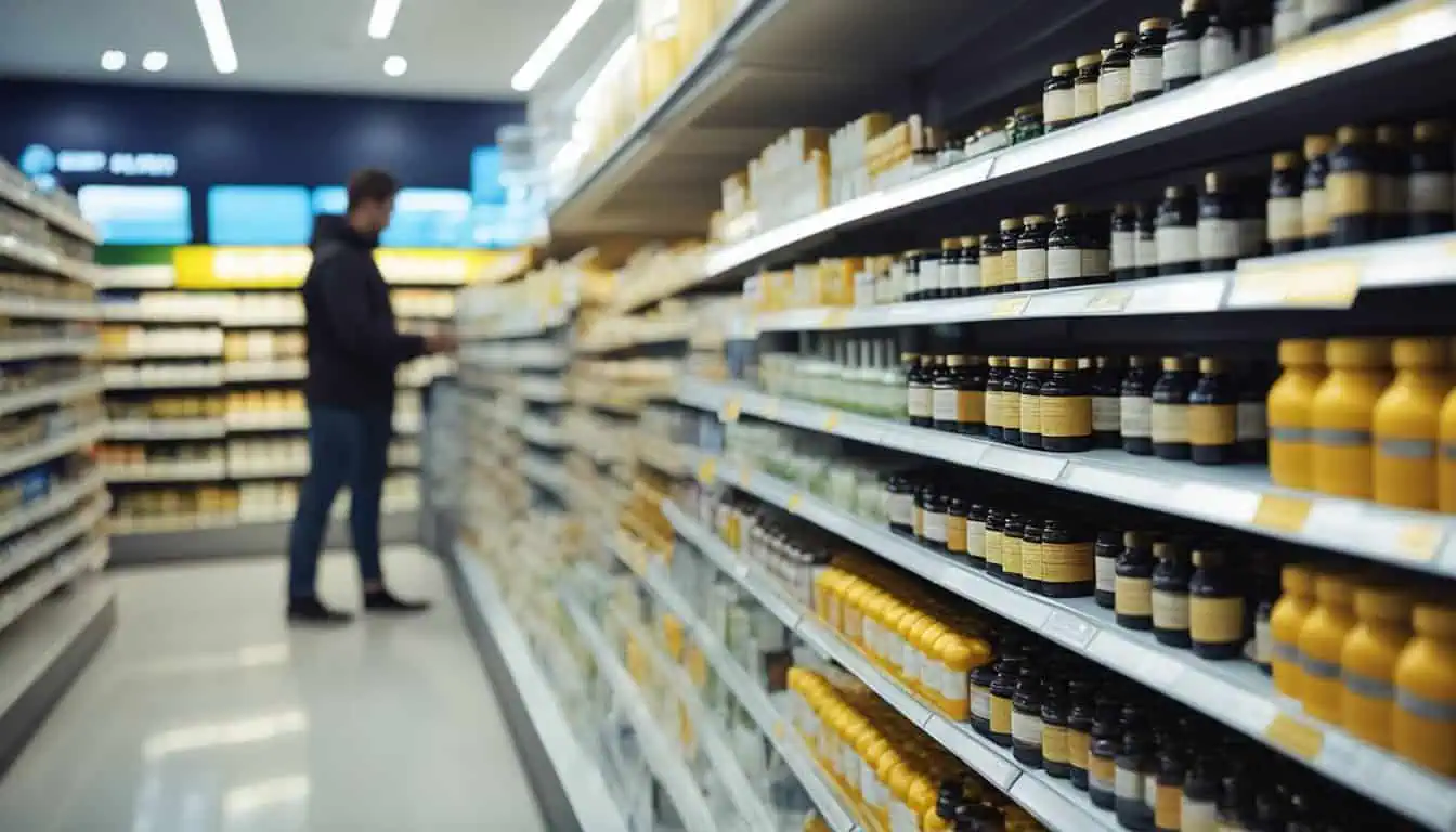 A person stands before shelves filled with various Omega-3 supplement bottles in a store in Singapore.