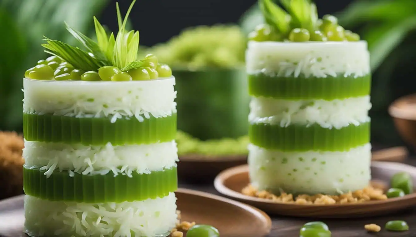A vibrant green jelly served with rice, surrounded by fresh green grass, highlighting Singapore's Ondeh Ondeh delicacies.