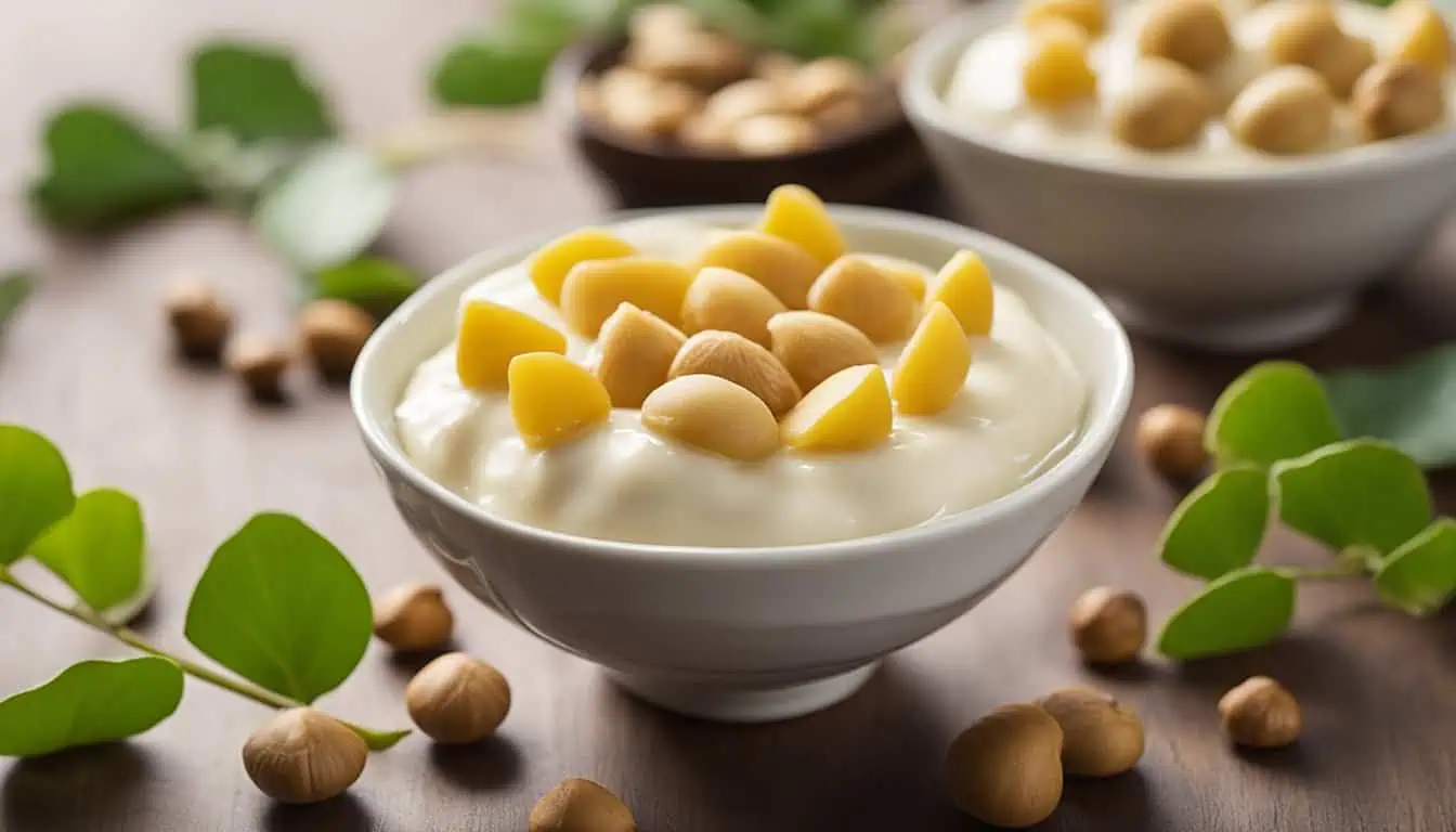 A bowl of yogurt topped with nuts and leaves, elegantly placed on a wooden table, showcasing a healthy treat.