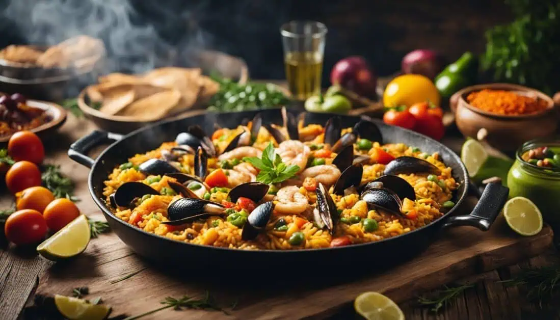 A delicious seafood and vegetable paella, representing Spanish cuisine, included in a list of the best places to enjoy paella in Singapore.