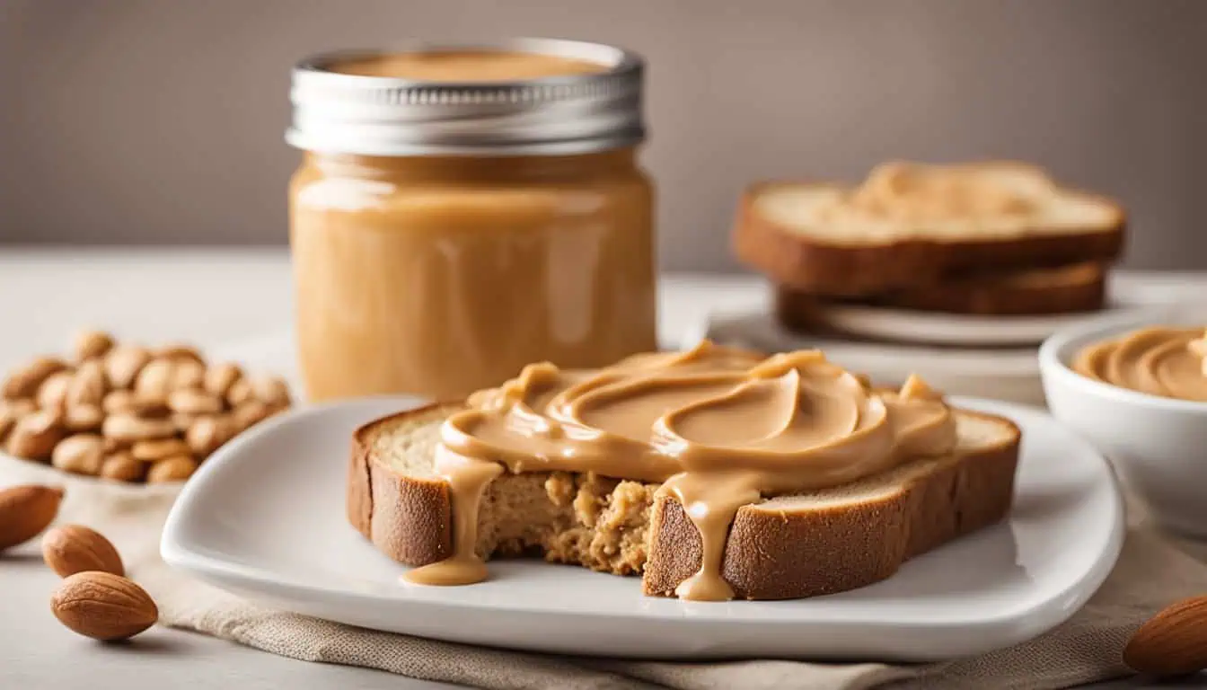 A slice of toast topped with creamy peanut butter and almond butter, showcasing a delicious breakfast option in Singapore.