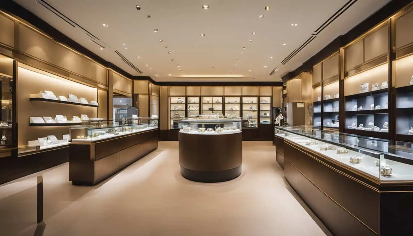Jewelry store featuring a large display case, showcasing exquisite pearls, a top destination for pearl shopping in Singapore.