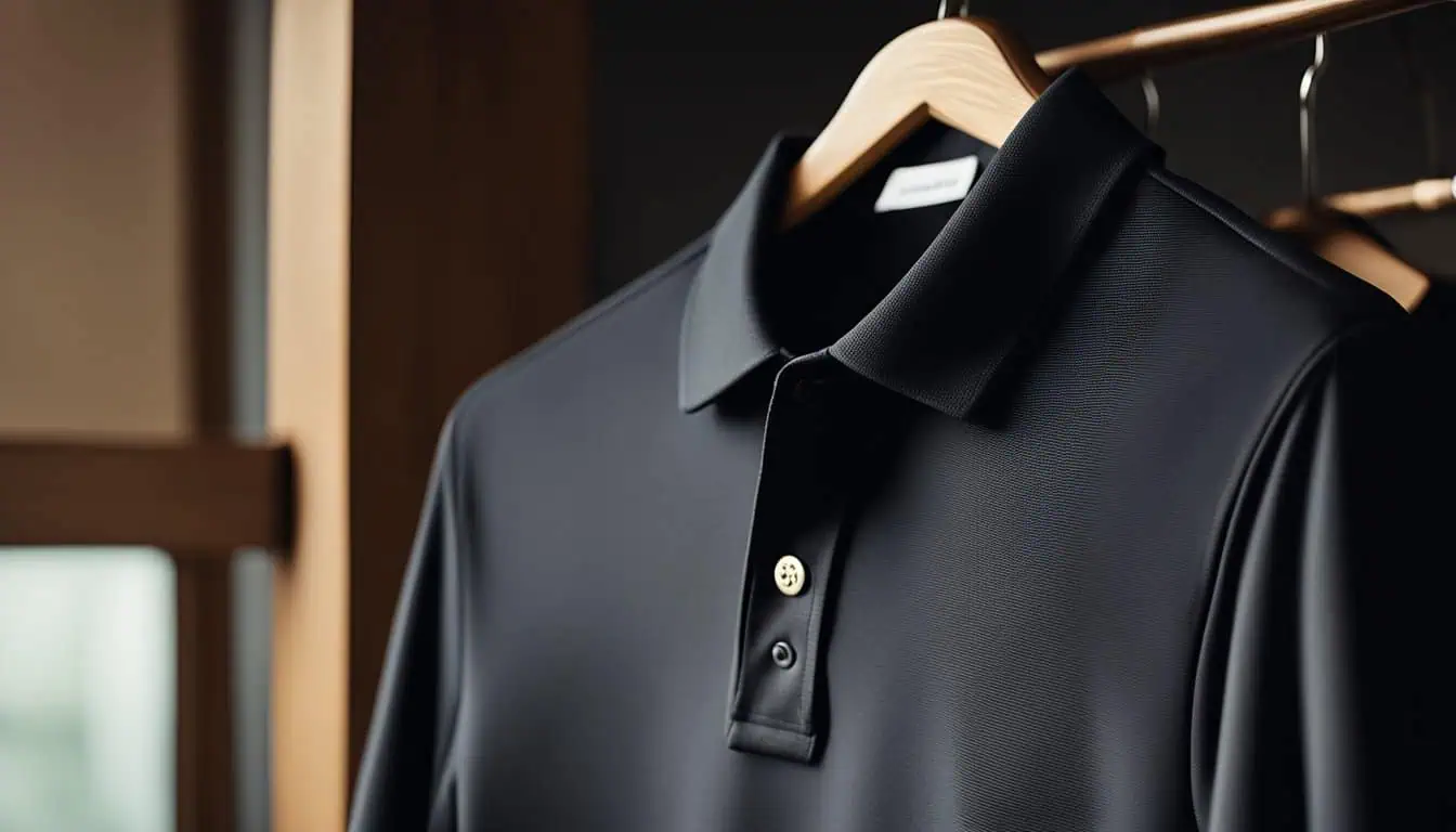 A black polo shirt elegantly displayed on a hanger, showcasing its sleek design and fabric quality.
