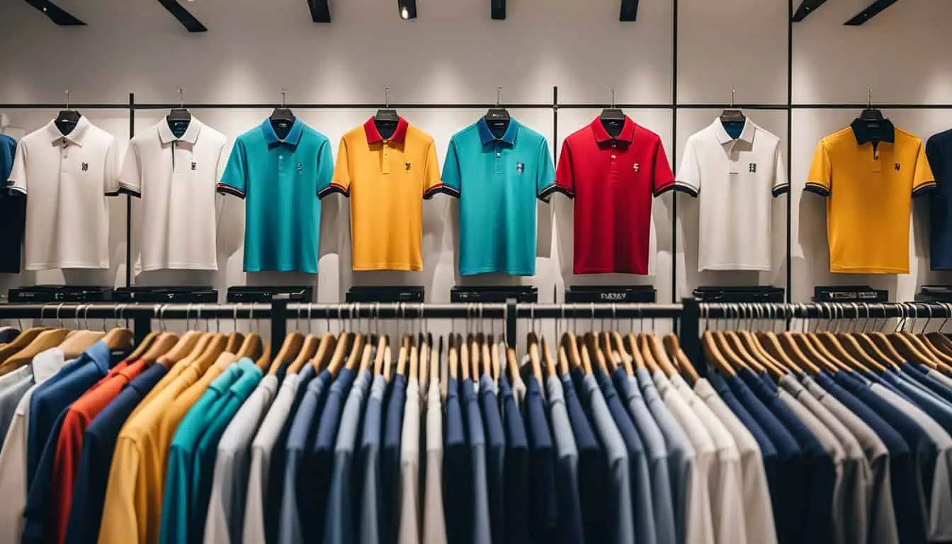 An array of bright polo shirts displayed on hangers in a clothing store, representing the best places to shop in Singapore.